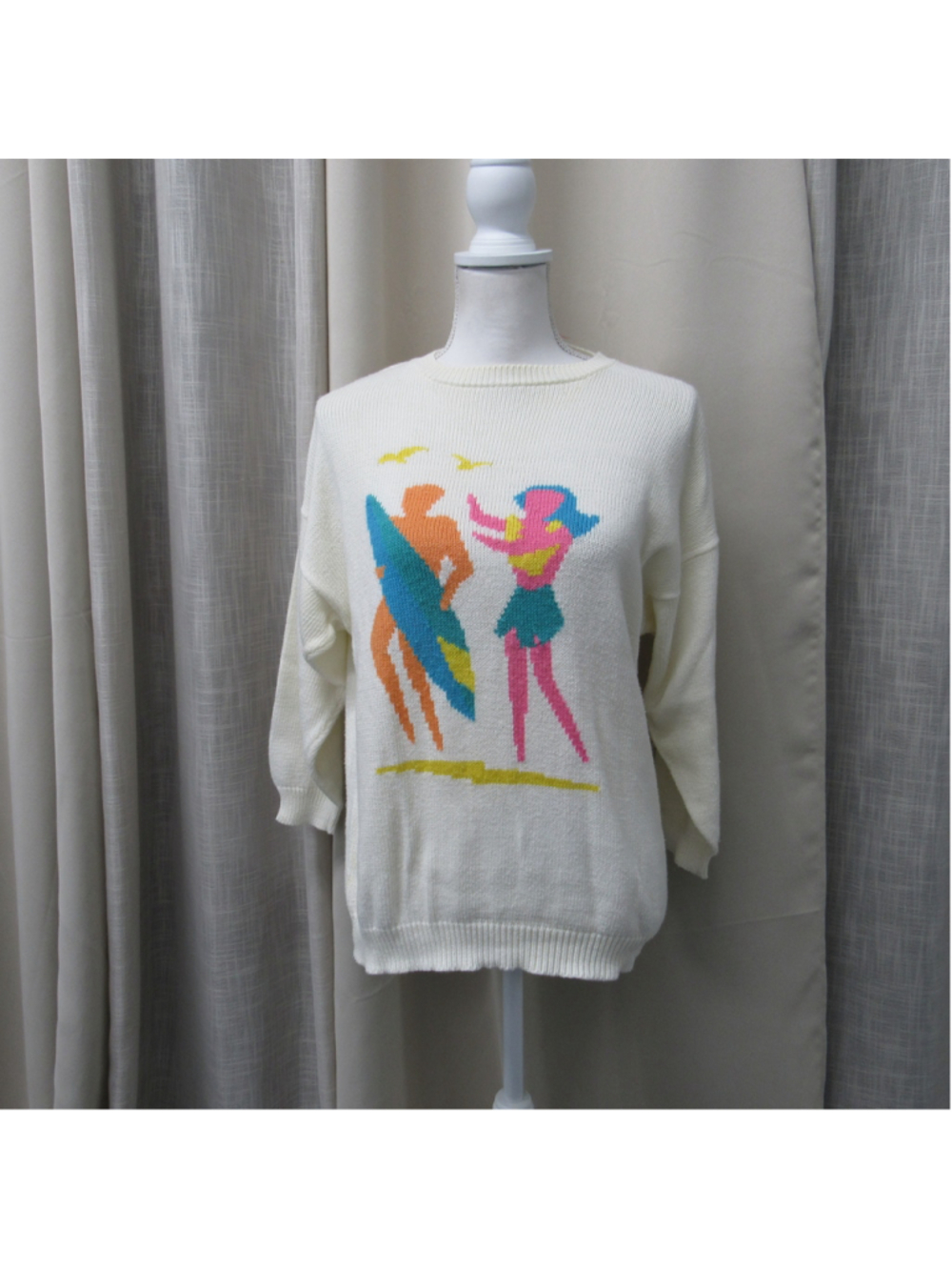 Vintage 80s Bay Club by Cataline Beach Surfboard Pixel Knit Sweater Small